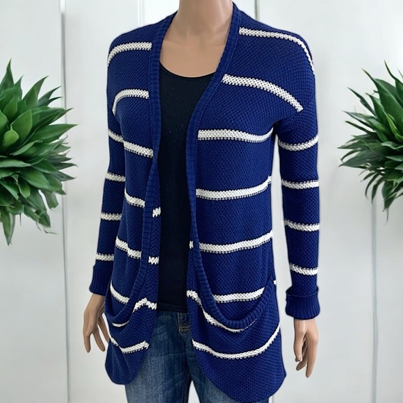 American Eagle Outfitters Nautical Navy & White Striped Open Front Knit Cardigan - Picture 3 of 16
